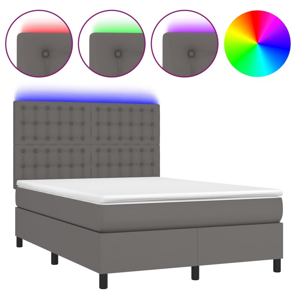 szürke műbőr rugós ágy matraccal és LED-del 140x190 cm (3135943)