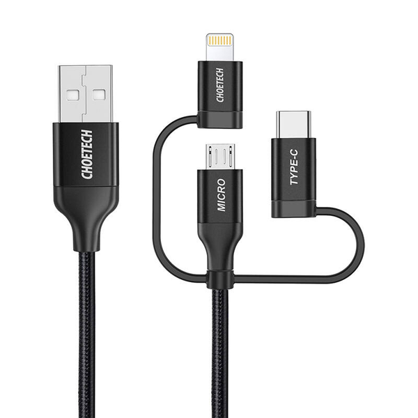 Choetech IP0030 3in1 USB Type-A apa - Micro USB Type-B / Lightning / USB Type-C apa Adat és töltő kábel - Fekete (1.2m)