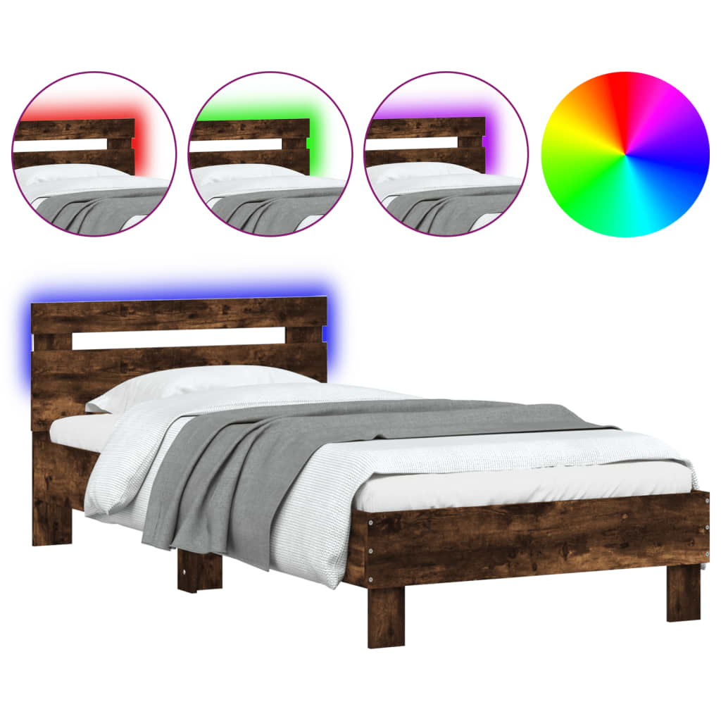 füstös tölgy színű ágykeret fejtámlával és LED-ekkel 90x190 cm (838747)