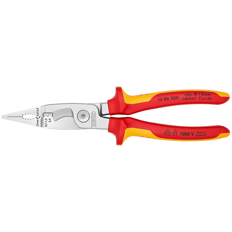 Knipex 13 86 200 VDE szigetelet villanyszerelő fogó, kombinált fogó, érvéghüvely krimpelő fogó max. 50 mm2-ig (13 86 200)