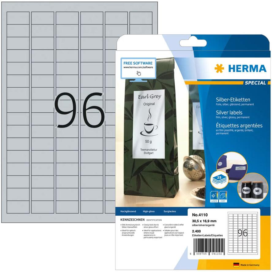 Herma 30,5 x 16,9 mm Címke lézer nyomtatóhoz ezüst (2400 címke / csomag) (4110)