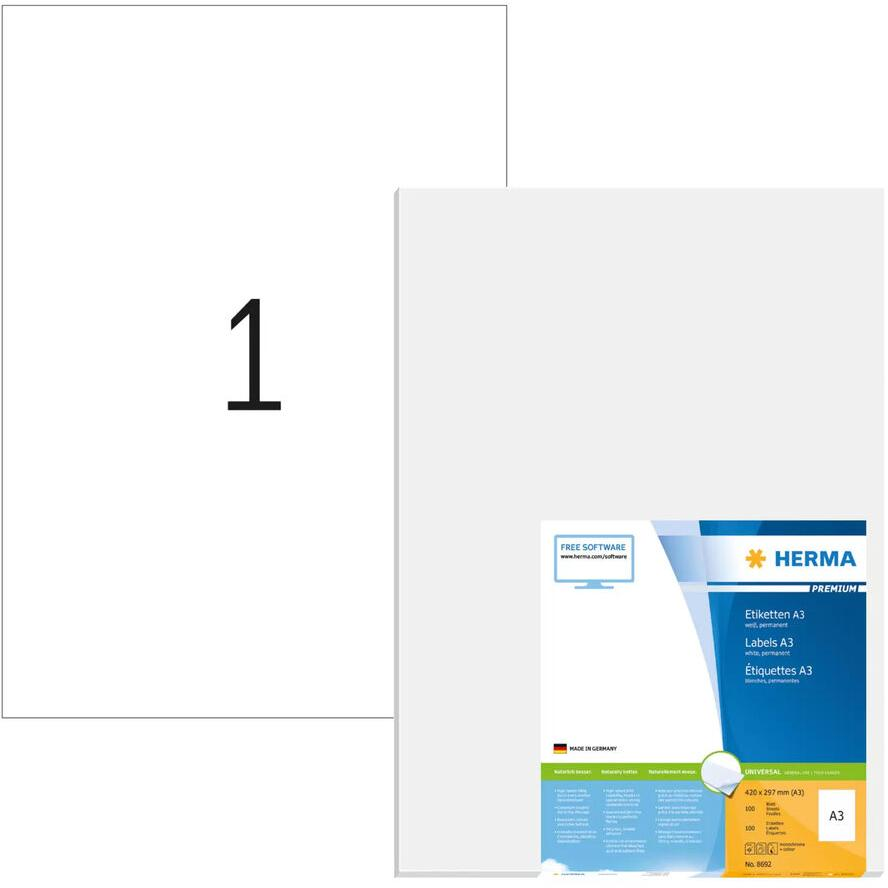 HERMA A3-Etiketten Premium weiß 297x420 mm Papier 100 St. (8692) (8692)