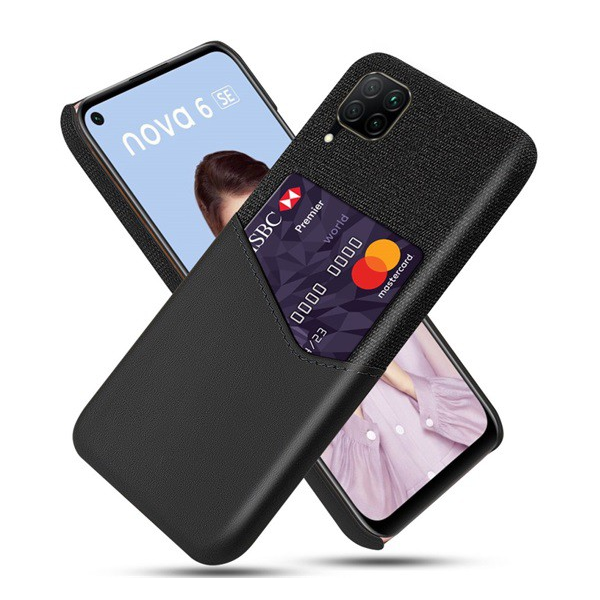 Műanyag telefonvédő (közepesen ütésálló, bankkártya tartó, textil bevonat, bőr hatású hátlap) FEKETE [Huawei P40 Lite 4G / Nova 6 SE] (5996457990696)