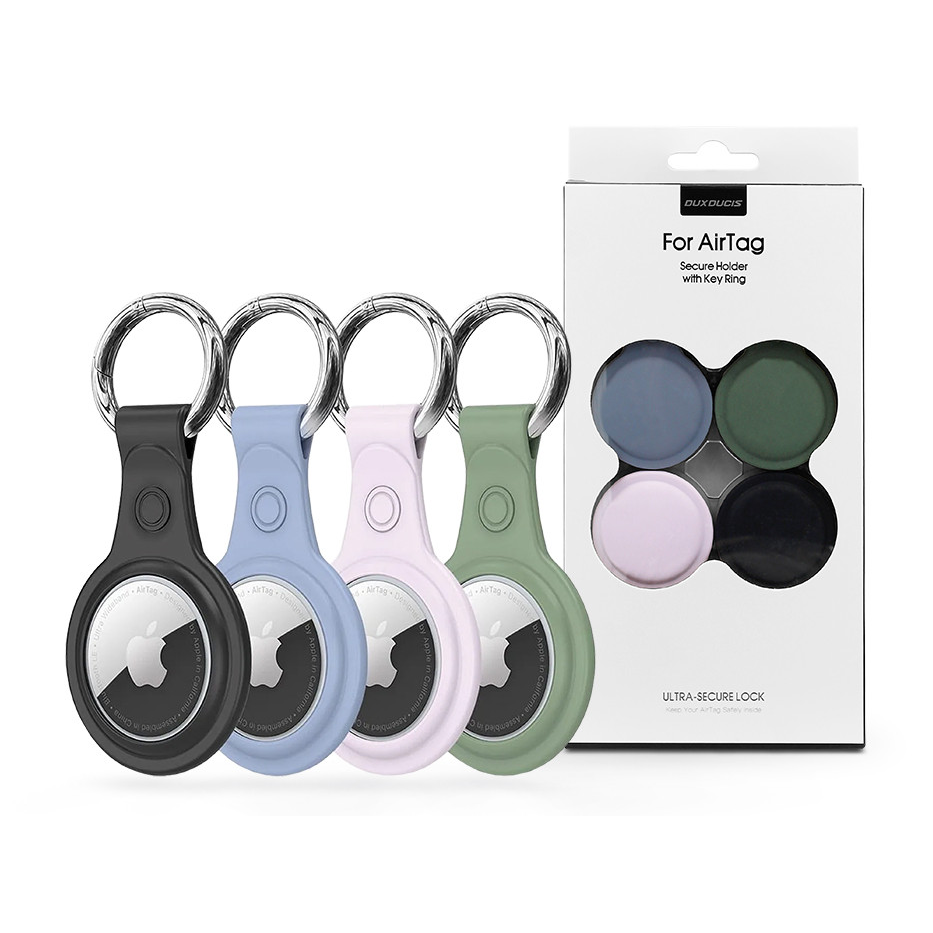 Szilikon védőtok és rögzítő kulcstartó Apple AirTag nyomkövetőhöz - Dux Ducis Secure Holder - 4 db/csomag - fekete/kék/zöld/rózsaszín (DD050453)