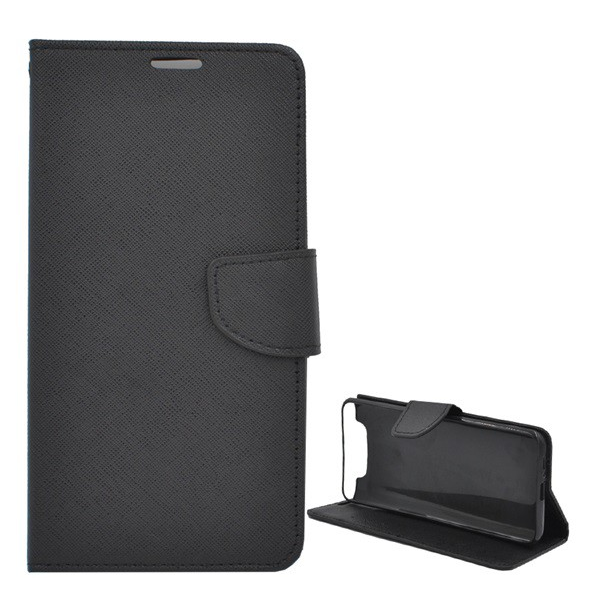 Tok álló, bőr hatású (FLIP, oldalra nyíló, asztali tartó funkció, textil minta) FEKETE [Samsung Galaxy A80 (SM-A805F)] (5996457892174)