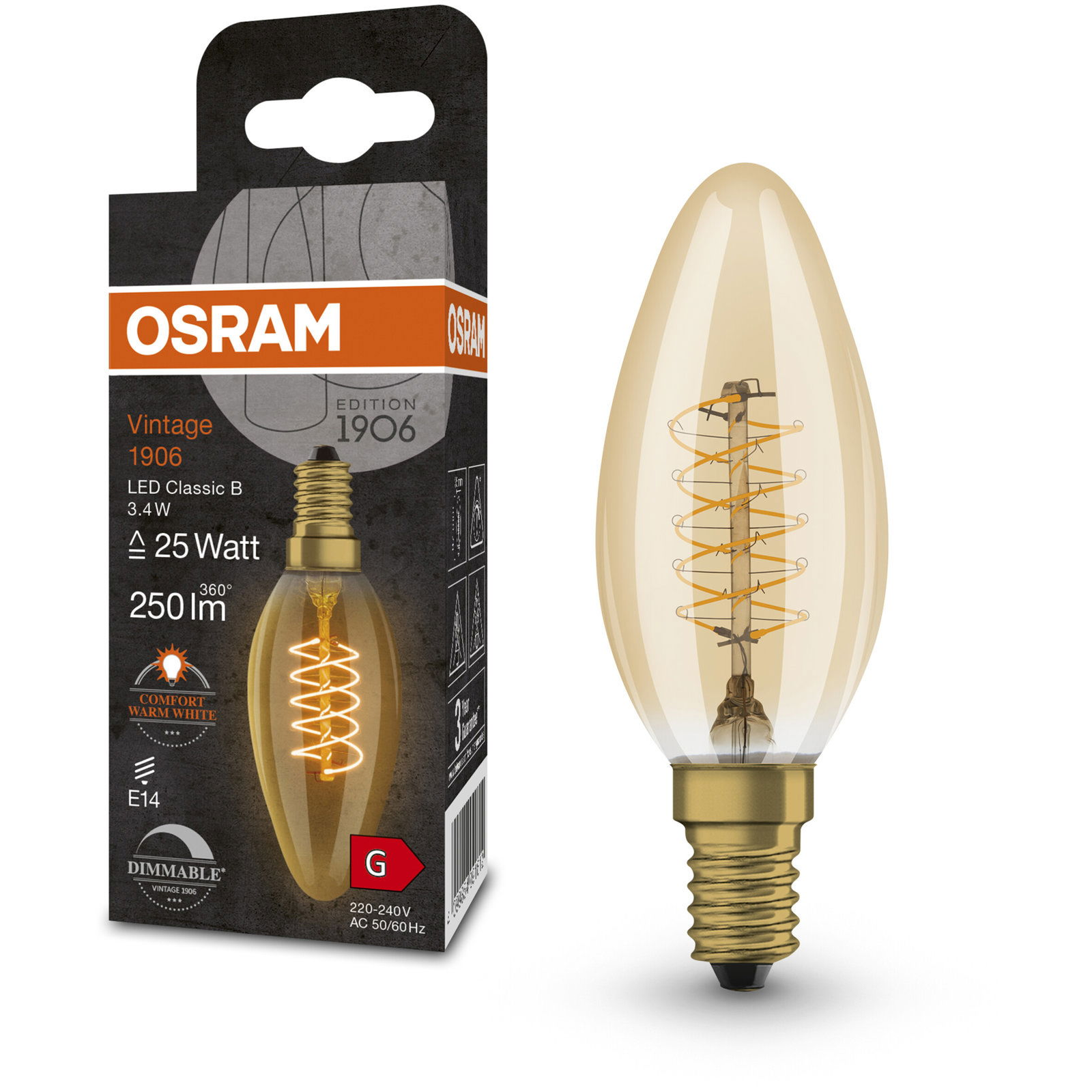 OSRAM LED izzó, gyertya alakú, VINTAGE, E14, 3,4 W, CLASSIC B, meleg fehér (4099854091612)