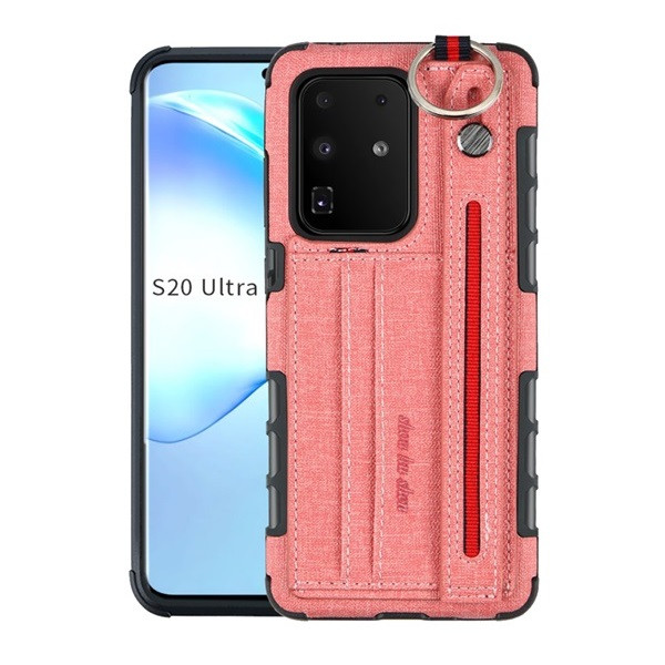 Samsung Galaxy S20 Ultra 5G SM-G988, Szilikon tok, közepesen ütésálló, stand, textil hátlap, felakasztható, kézpánttal, rózsaszín (G95777)