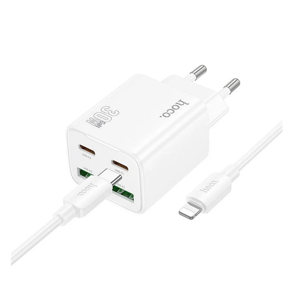 Ładowarka sieciowa do telefonu Hoco 2 x USB C + 2 x USB A QC3.0 PD 3A 30W + kabel USB C do Lightning N56 biała