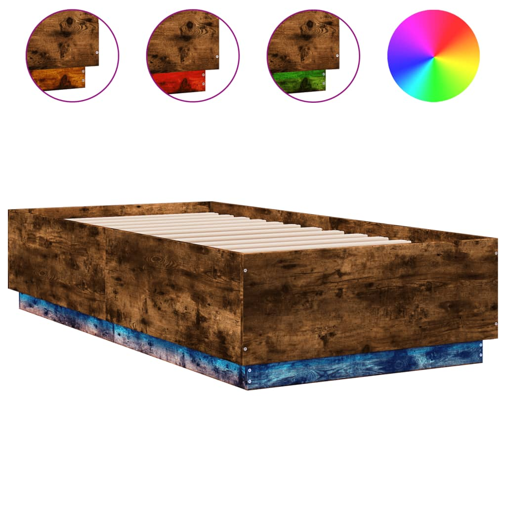 füstös tölgyszínű szerelt fa ágykeret LED-del 90 x 190 cm (3209664)