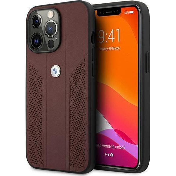 BMW Leather Curve Perforate Apple iPhone 13 Pro hátlap tok, piros (BMW210RED)