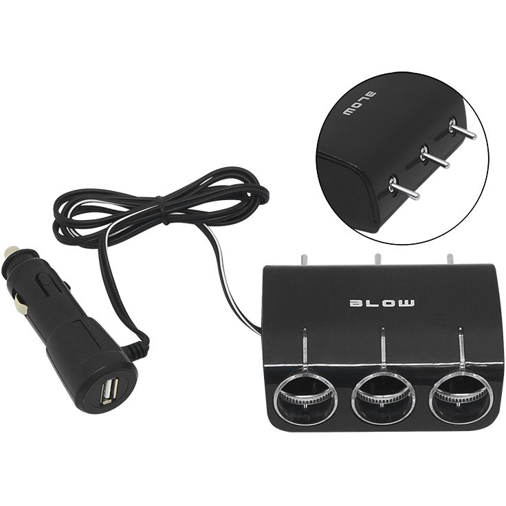 Blow 96-878# Szivargyújtó Elosztó 1X Dugó/3X Aljzat+Usb Cs-34 Kapcsolókkal + Kábel" (vx759)
