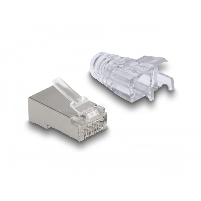 Delock RJ45 Moduláris csatlakozó frontális nyílással Cat.6 és hajlítás védő borítással 50 db (66905) (66905)