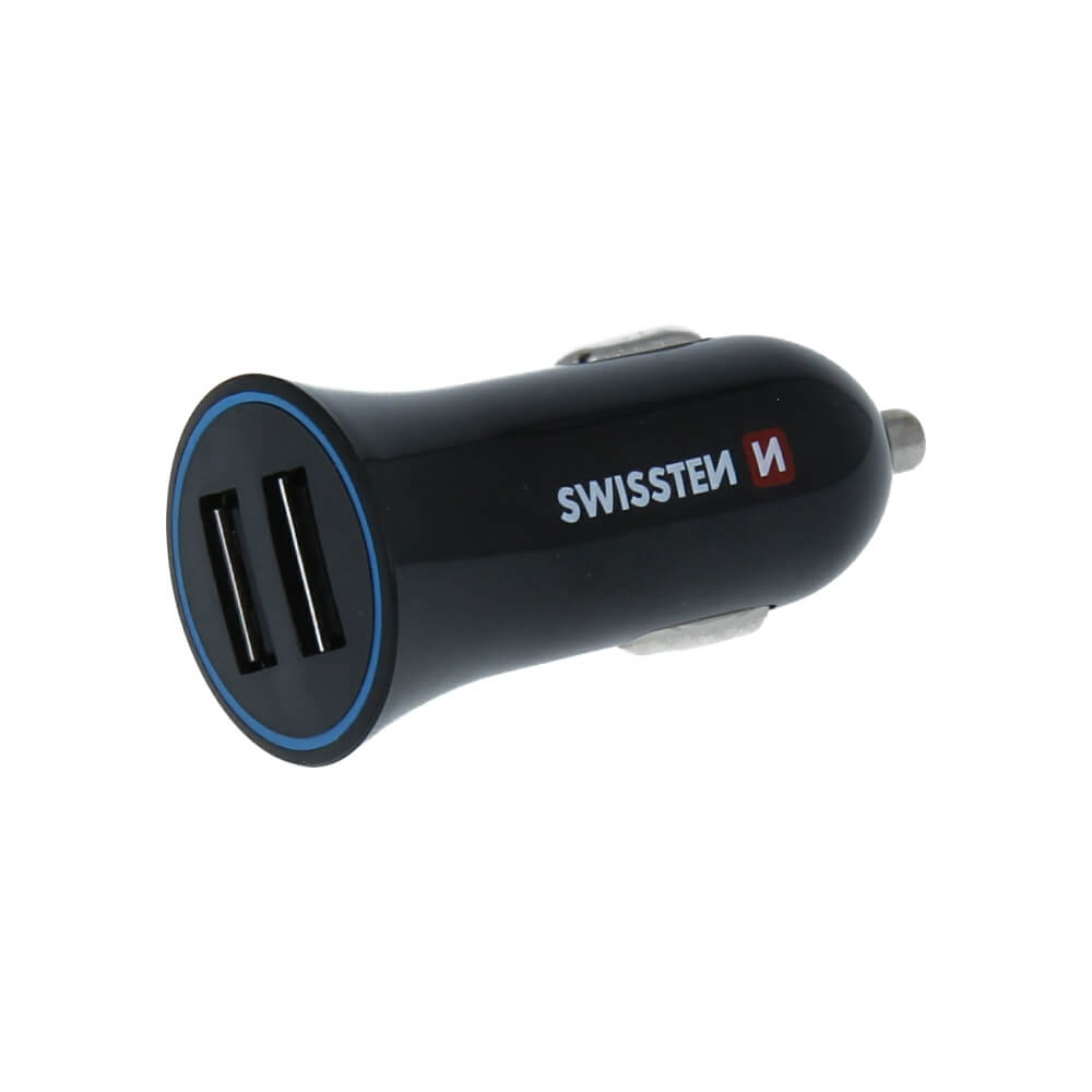 Swissten 20110908 2x USB Type-A 12-24V Autós Töltő + 1.2m USB Type-C kábel - Fekete (5V / 2.4A) (SW-CCH-2.4ATYPC-B)
