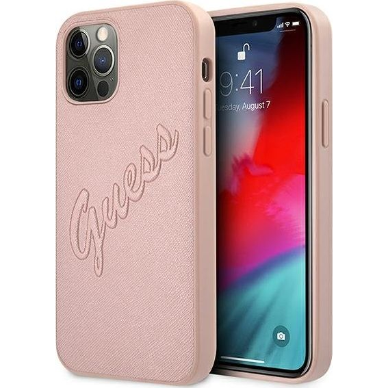 Guess PU Saffiano Vintage Script Apple iPhone 12 Pro Max hátlap tok, rozéarany (GUE989PNK)