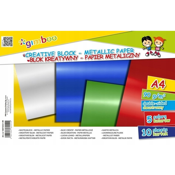 Színes papír tömb, A4, 90 g, 10 lap,"Gimboo", 5 különböző metál szín