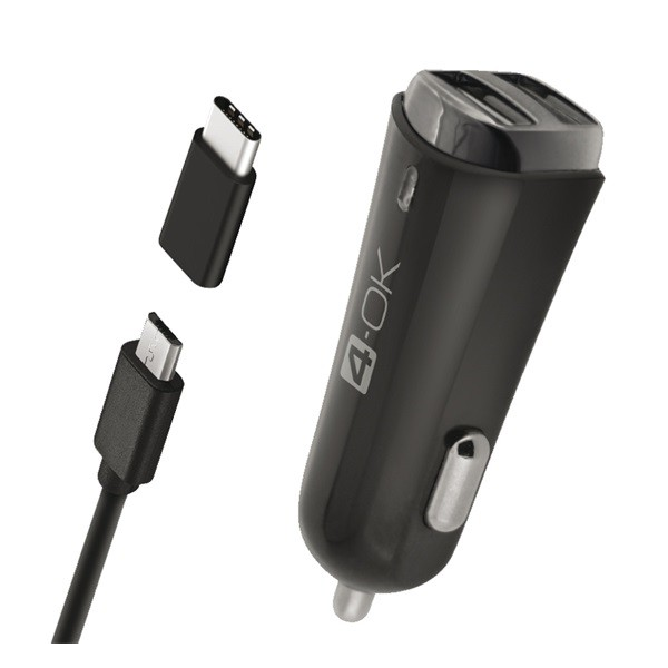 4-OK autós töltő 2 USB aljzat (5V / 3400mA + Type-C adapter + microUSB kábel) FEKETE (CMM3AX) (CMM3AX)