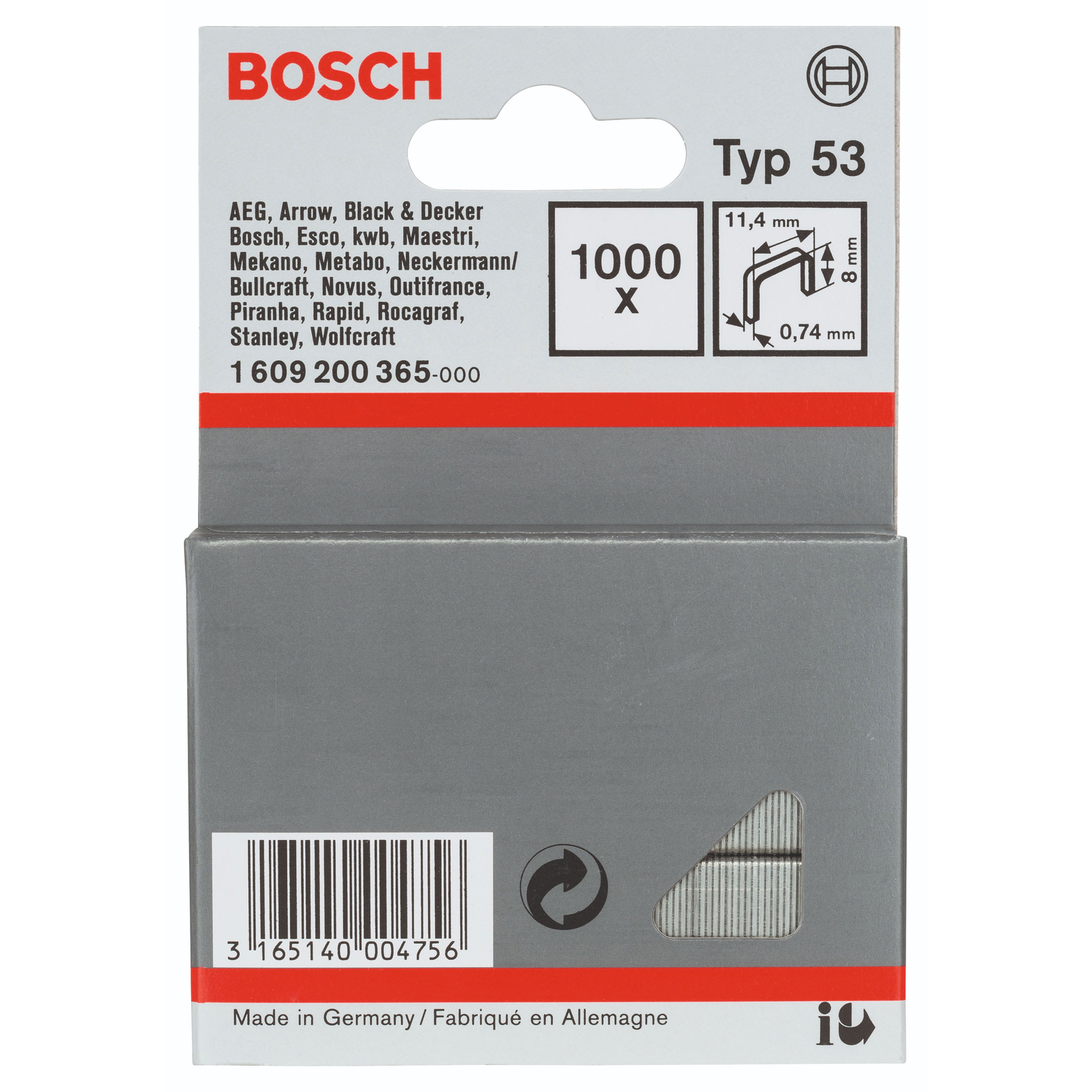 Bosch 1609200365 tűzőkapocs vékony drótos tűzőgépekhez, 53-as típus 11,4 × 0,74 × 8 mm (1.609.200.365)