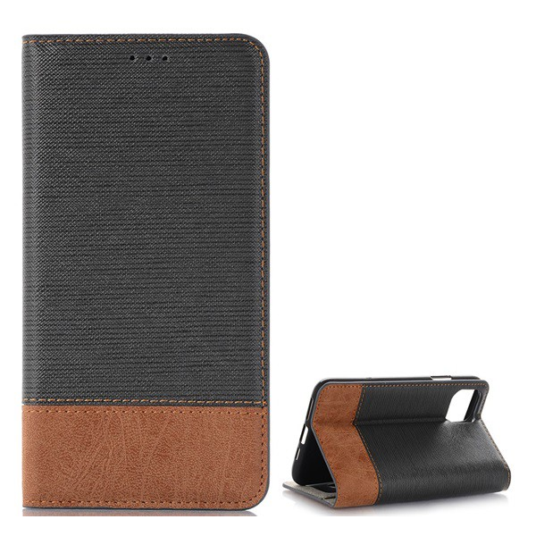 Tok álló, bőr hatású (FLIP, oldalra nyíló, asztali tartó funkció, textil hatás) FEKETE [Apple iPhone 11 Pro Max] (5996457903443)