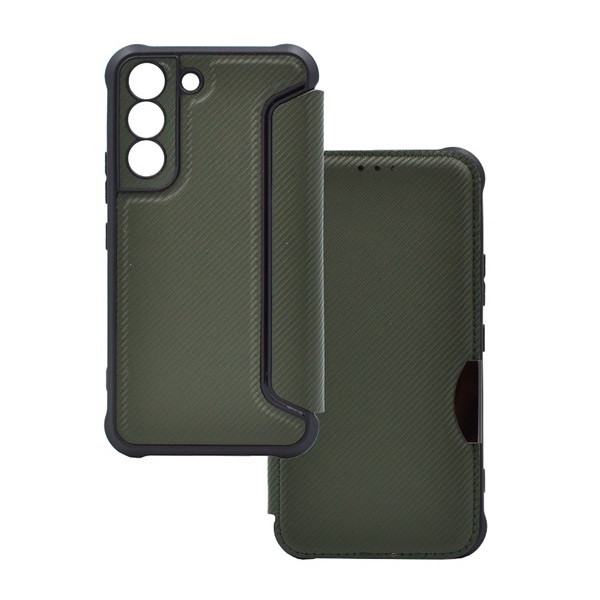 Samsung Galaxy S22 5G SM-S901, калъф със странично отваряне, ъгъл с въздушна възглавница, кожен ефект, карбонов модел, Razor Book, зелен (RS129218)