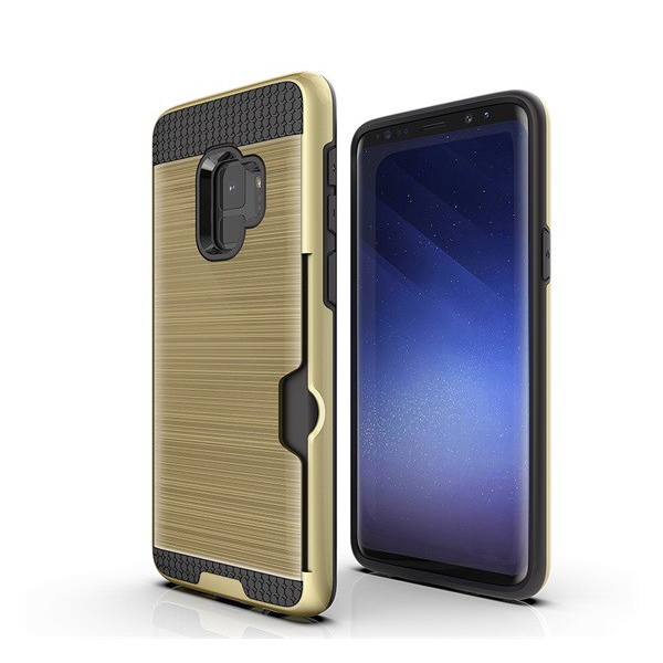 Műanyag telefonvédő (szilikon belső, közepesen ütésálló, bankkártya tartó, szálcsiszolt minta) ARANY [Samsung Galaxy S9 (SM-G960)] (5996457751761)