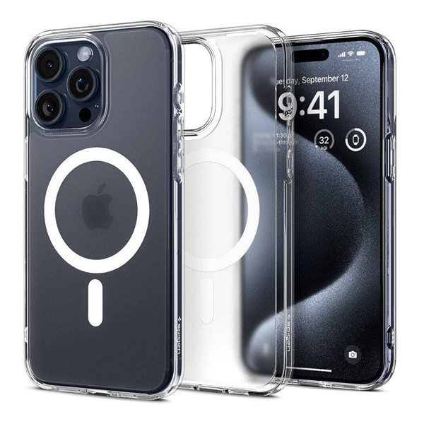 Apple iPhone 16 Pro, Műanyag hátlap védőtok + szilikon keret, Magsafe töltővel kompatibilis, Spigen Ultra Hybrid Mag Matte, áttetsző/fehér