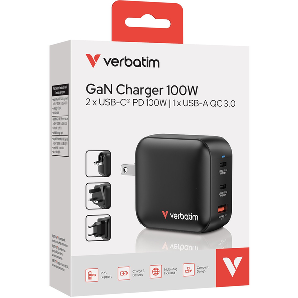 Verbatim GaN Charger 100W Universel Sort Vekselstrøm Hurtig opladning Indendørs