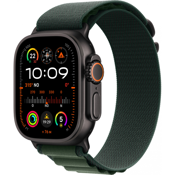 Apple Watch Ultra 2 GPS + Cellular 49 mm, titan negru, curea alpină verde închis