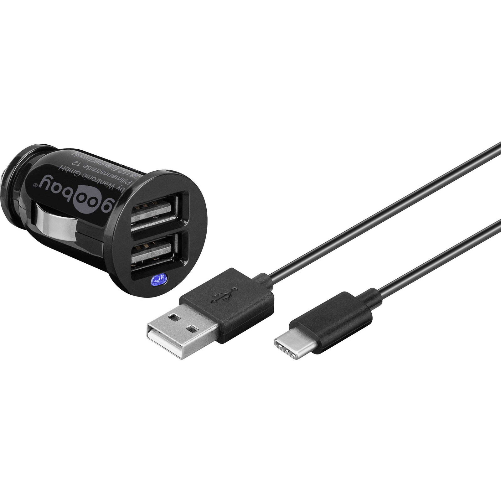 goobay Autós 2xUSB töltő 2.4A + USB - USB-C töltőkábel - Fekete (58820)