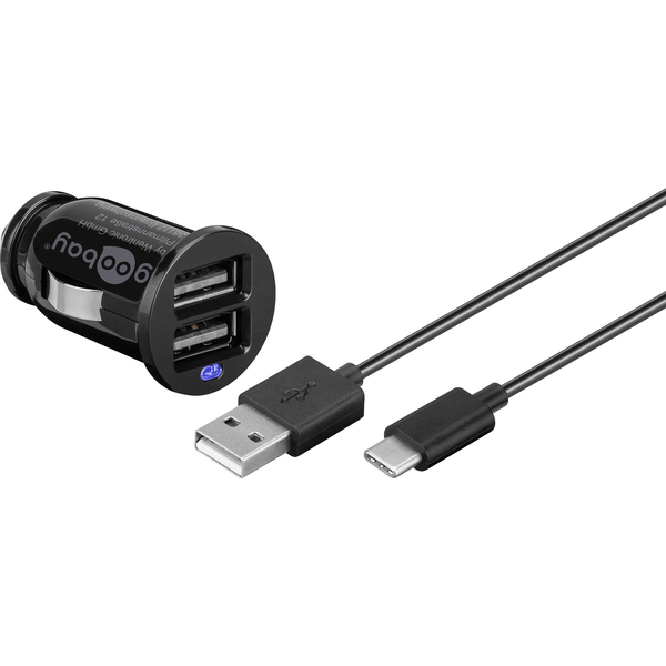 goobay Autós 2xUSB töltő 2.4A + USB - USB-C töltőkábel - Fekete