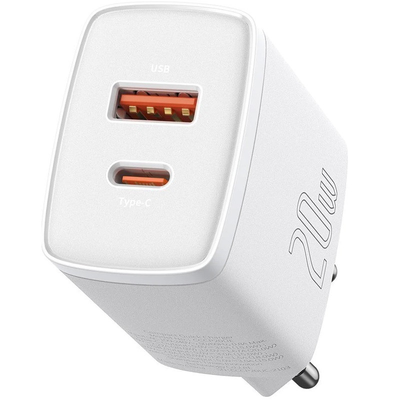 Hálózati töltő adapter, 20W, USB aljzat, USB Type-C aljzat, gyorstöltés, PD, QC 3.0, Baseus CCXJ-B02, fehér (105687)