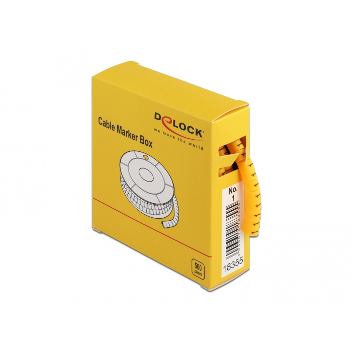Delock No.1 500db sárga kábeljelző 4-től 5mm-es átmérőjű kábelekhez, praktikus adagoló dobozban (18355) (delock18355)