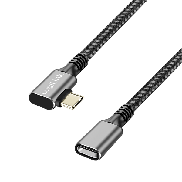 Кабел за захранване и данни LOGILINK, за смартфон, USB 3.2, USB Gen Type-C (T) към USB Type-C (M) на 90 градуса, 0,5 м, PD 100 W, 2 x екраниран, алуминий, оплетен, черно-сив