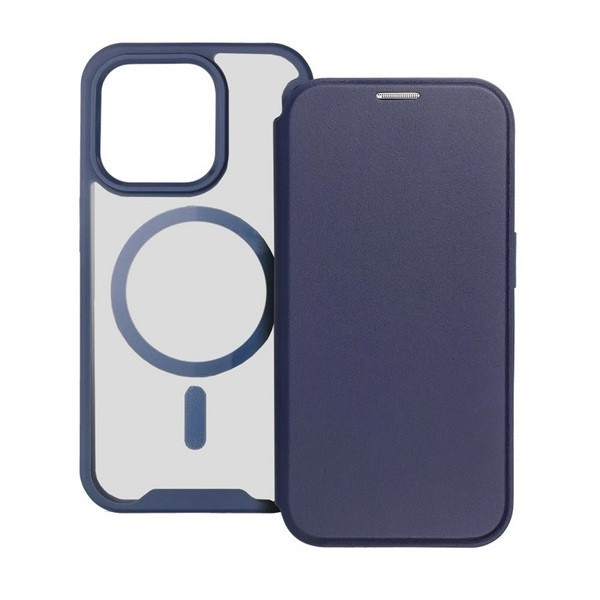 Apple iPhone 15, Oldalra nyíló tok, kártyatartóval, átlátszó hátlap, Magsafe kompatibilis, Smart Mag, sötétkék