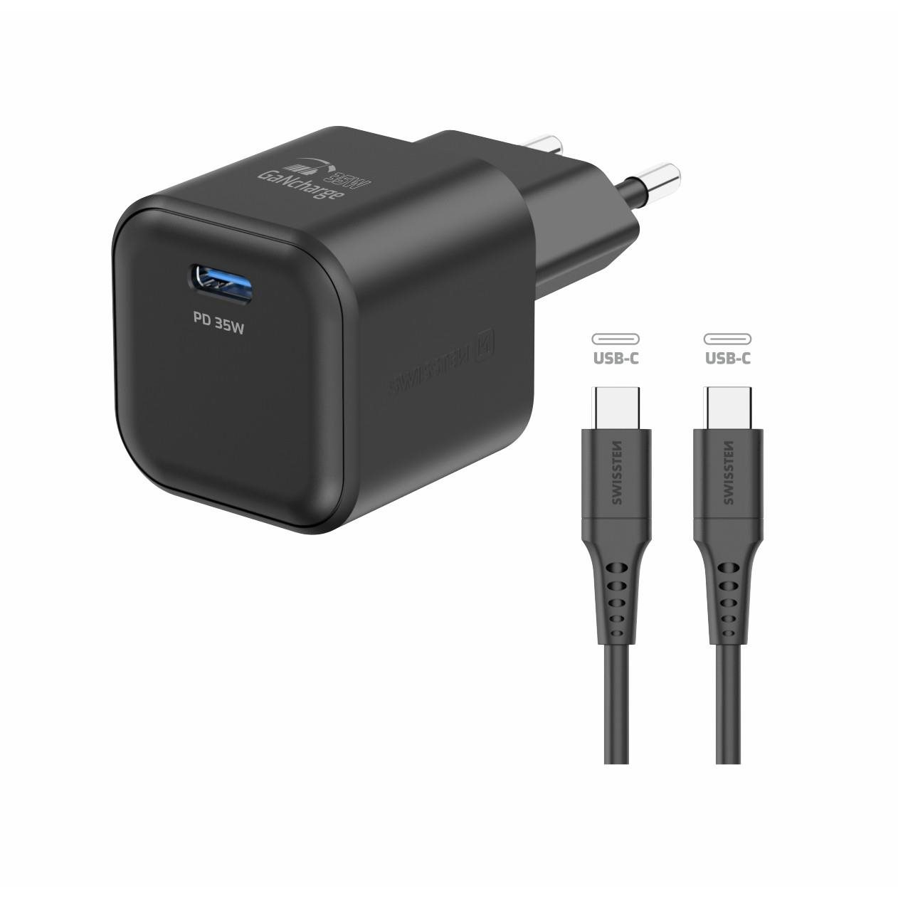 Swissten GaN 1x USB-C 35 W Power Delivery töltőfej + USB-C/USB-C 1,2 m adatkábel, fekete (22070230)