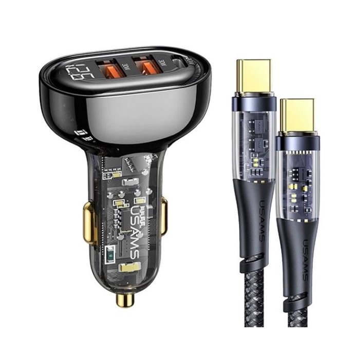 USAMS autós töltő 2xUSB-A + USB-C aljzat (5V/3A, 80W, gyorstöltő + USB-C kábel) fekete (BXLACCTC01) (BXLACCTC01)