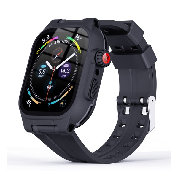SHELLBOX műanyag keret (szilikon szíj, erős ütésállóság, IP68 vízálló + kijelzővédő üveg) SÖTÉTKÉK Apple Watch Series 9 45mm / Watch Series 8 45mm / Watch Series 7 45mm (GP-143243) (GP-143243)
