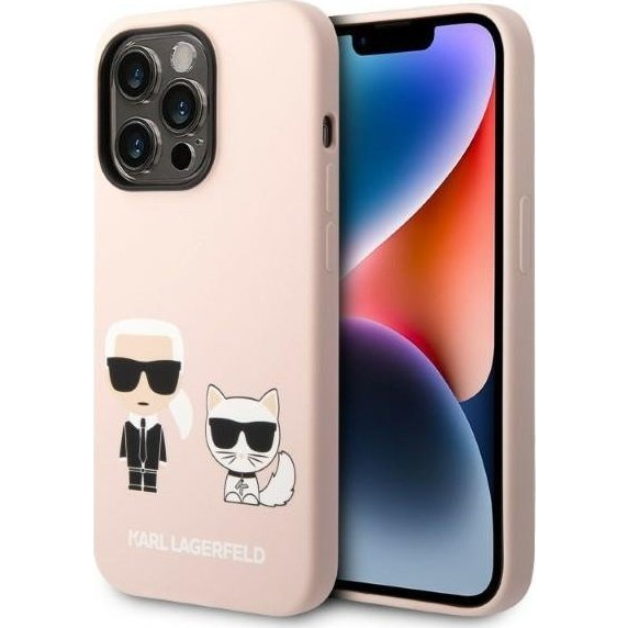 Karl Lagerfeld Silicone Karl & Choupette Apple iPhone 14 Pro Magsafe hátlap tok, halvány rózsaszín (KLD1190)