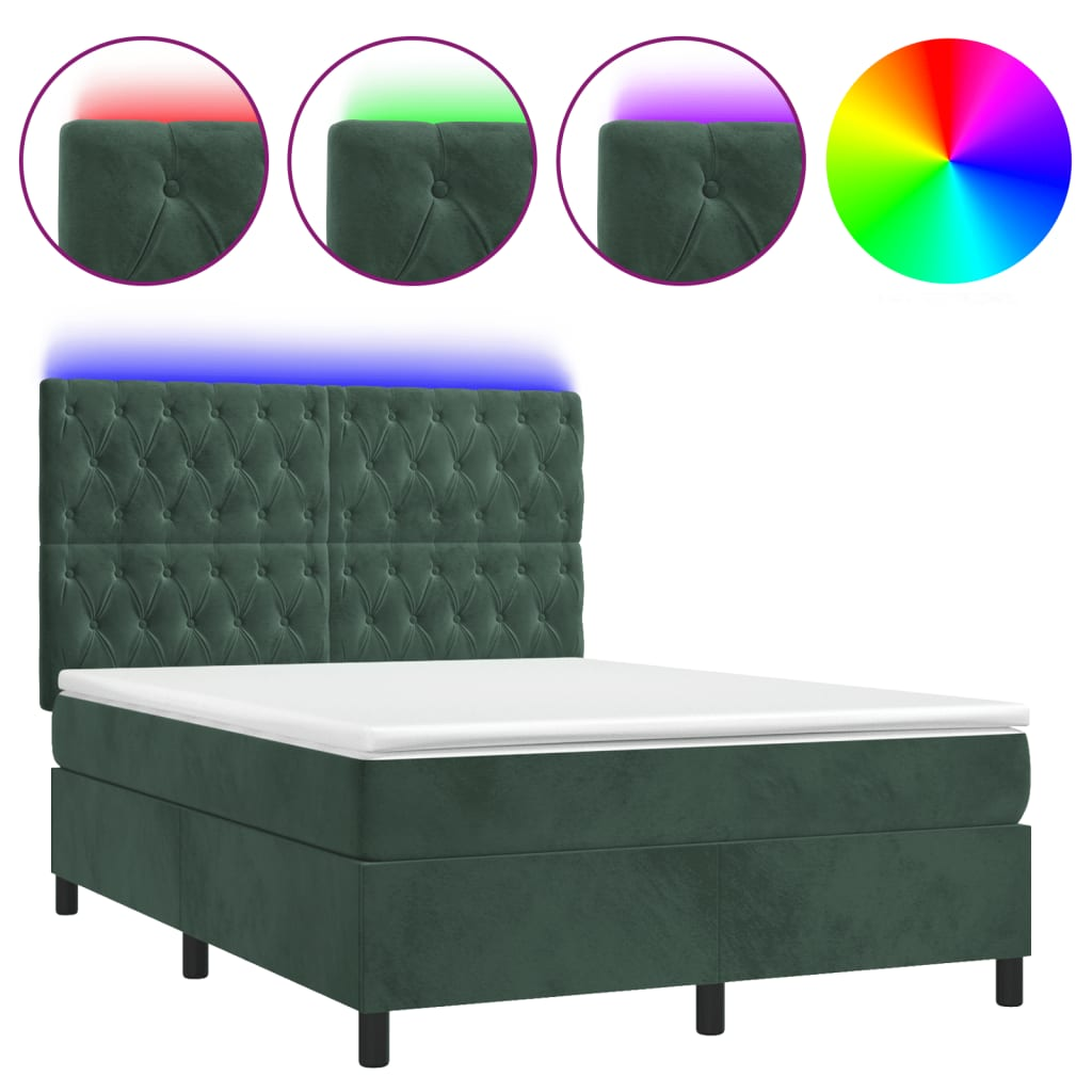 sötétzöld bársony rugós és LED-es ágy matraccal 140x200 cm (3136308)