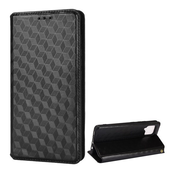 Tok álló, bőr hatású (FLIP, oldalra nyíló, asztali tartó funkció, teljes 3D rombusz minta, prémium) FEKETE [Samsung Galaxy A42 5G (SM-A425F)] (5996591130095)