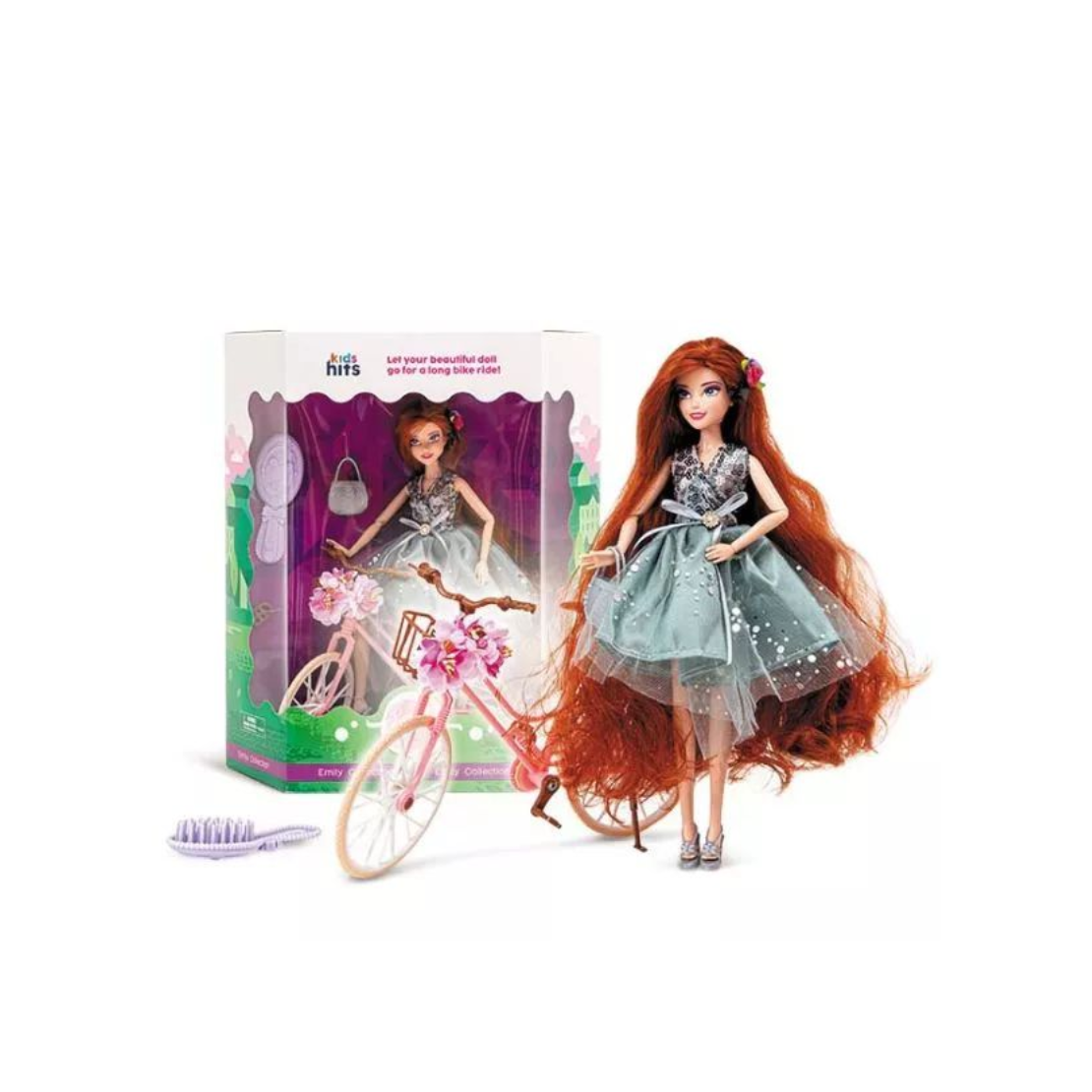 Kids Hits Emily Grace Vörös hajú baba biciklivel és kiegészítőkkel (KH23/020)