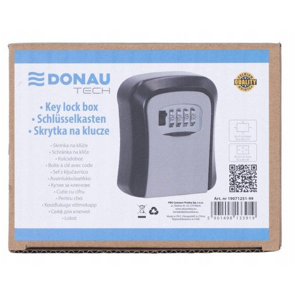 Kulcs széf, számzáras, 115x95x40 mm, DONAU "Tech", ezüst-fekete