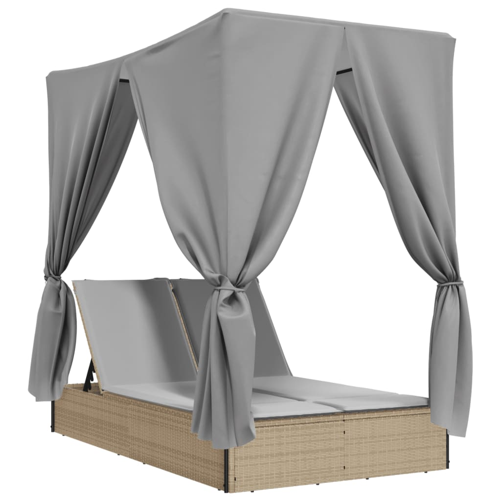 bézs polyrattan dupla napozóágy tetővel és függönyökkel (368075)