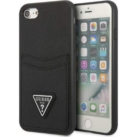 Guess Saffiano Double Card Apple iPhone SE 2022/2020/8/7 bőr hátlap tok, fekete (GUE2329)