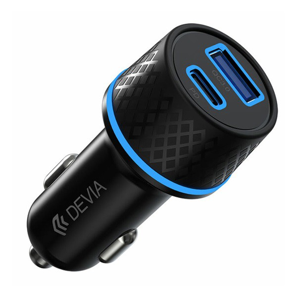 DEVIA autós töltő USB aljzat / Type-C aljzat  (5V / 4000mA, 52,5W, PD+QC 3.0 gyorstöltés támogatás) FEKETE (EA135)
