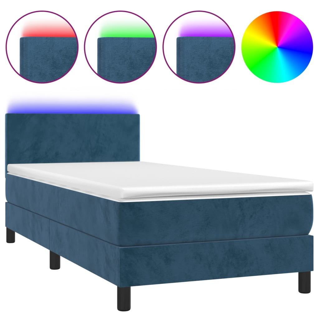 sötétkék bársony rugós és LED-es ágy matraccal 90x190 cm (3134259)