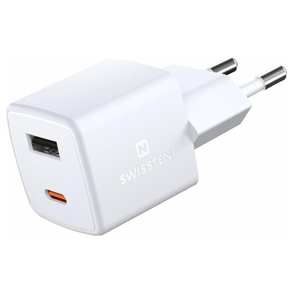 Swissten mini USB-C / USB-A Hálózati töltő - Fehér (30W)