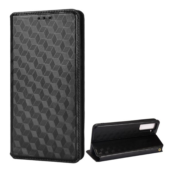 Tok álló, bőr hatású (FLIP, oldalra nyíló, asztali tartó funkció, teljes 3D rombusz minta, prémium) FEKETE [Samsung Galaxy S21 FE (SM-G990)] (5996591130255)