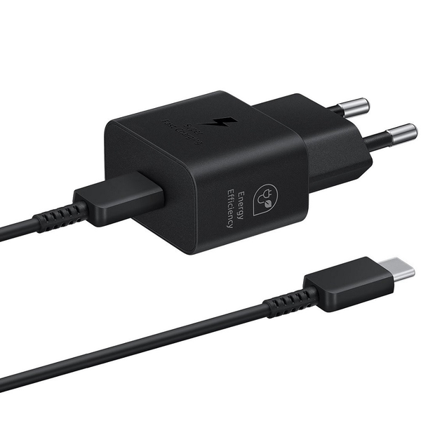 Hálózati töltő adapter, 25W, USB Type-C aljzat, USB Type-C - USB Type-C kábellel, PD, PDO / PPS, GaN, gyorstöltés, Samsung, fekete, gyári
