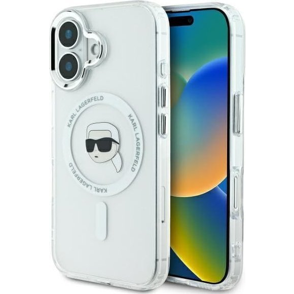 Karl Lagerfeld IML Metal Karl Head iPhone 16 Plus MagSafe kemény hátlap tok, fehér KLHMP16MHLSKIH (KLHMP16MHLSKIH)