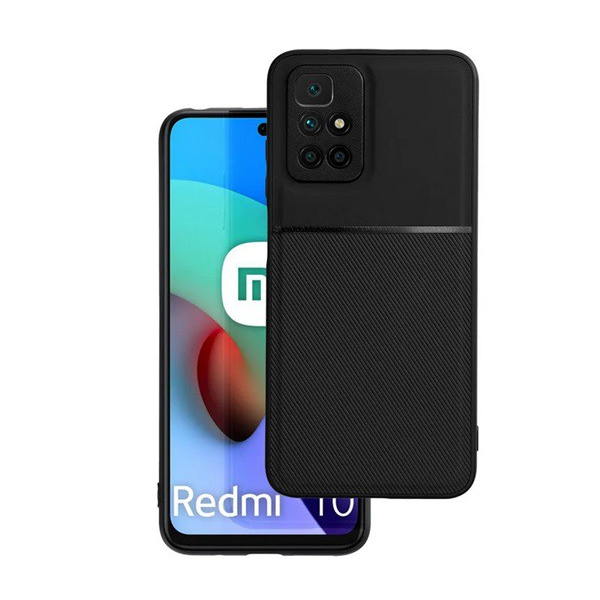 Műanyag telefonvédő (szilikon keret, közepesen ütésálló, beépített fémlemez, bőr hatású hátlap, csíkos minta) FEKETE [Xiaomi Redmi 10 (2021)] (5996591151472)
